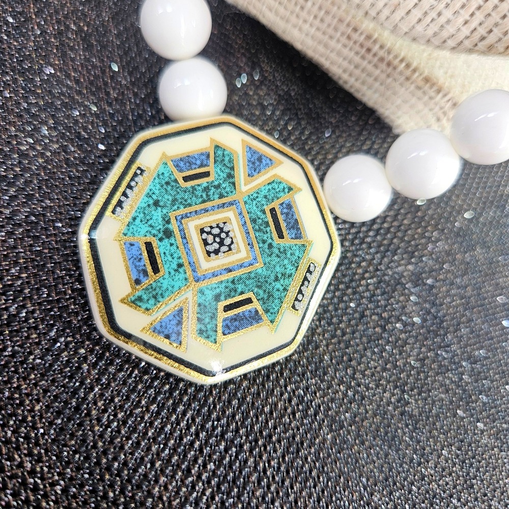 Vintage Southwestern Geometric Enamel Pendant Beaded Necklace White Teal Blue - Picture 7 of 8
